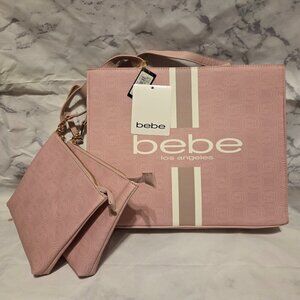 Bebe Pink Racing Stripe Tote with 2 Pouches (Vegan Leather) #81